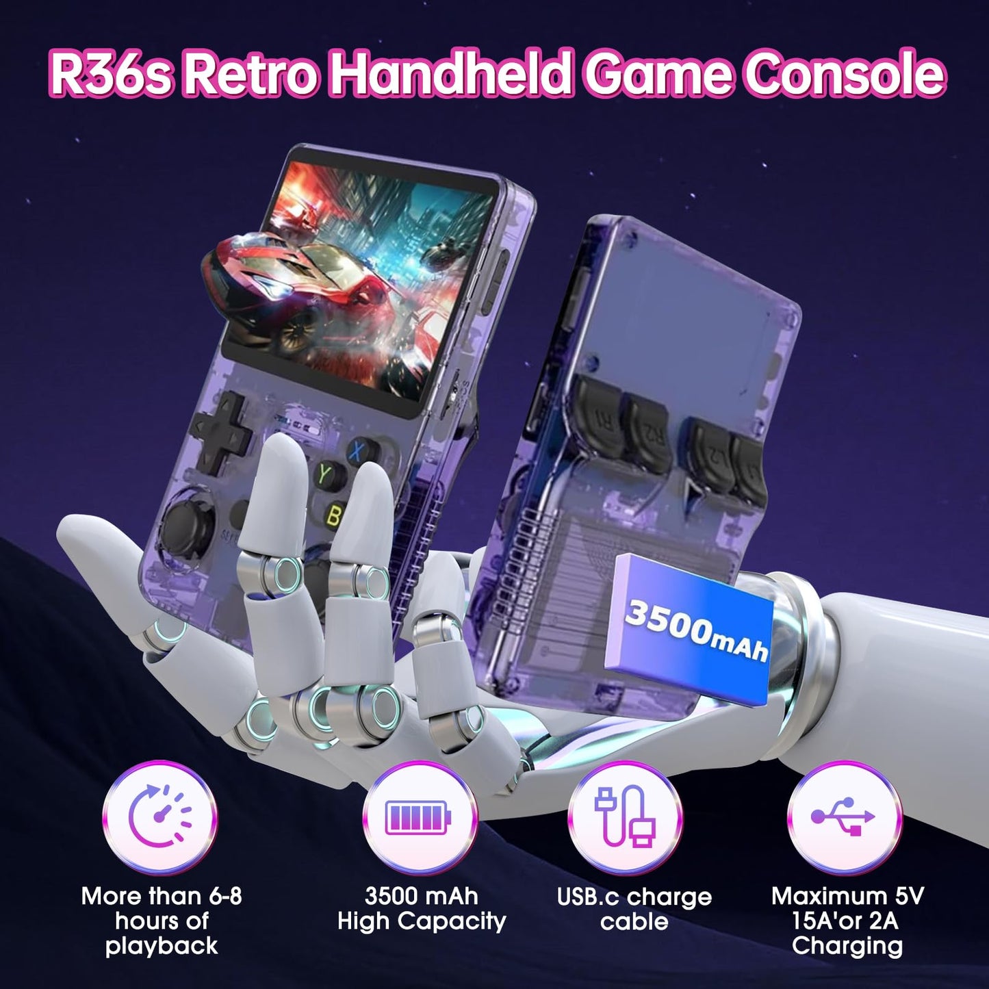 Consola de jogos portátil retro, ecrã IPS de 3,5 polegadas