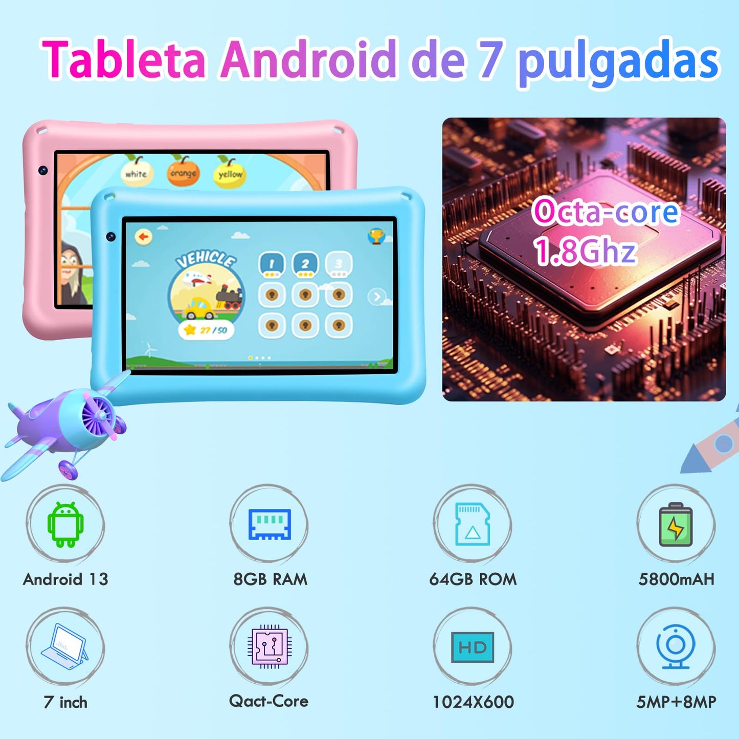 Tablet para crianças de 7 polegadas 8 GB RAM