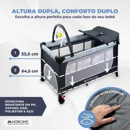 Berço de viagem 3 em 1 | Trocador | Cercadinho | Portátil | Dobrável | Bolsa de transporte | Cinza | Caelum | Mobiclinic