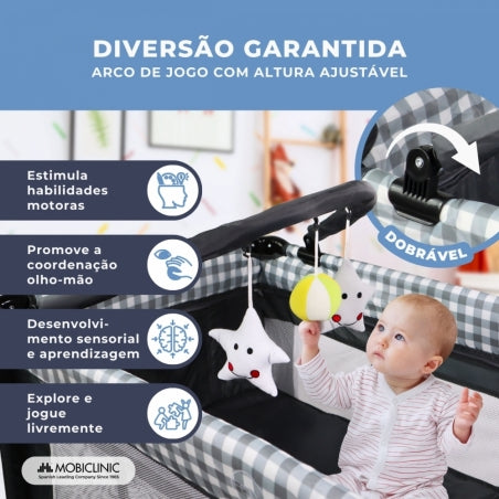 Berço de viagem 3 em 1 | Trocador | Cercadinho | Portátil | Dobrável | Bolsa de transporte | Cinza | Caelum | Mobiclinic
