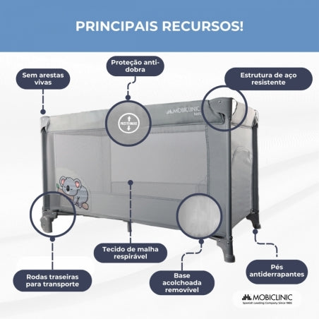 Berço de viagem | Portátil | Dobrável | Resistente | Tecido respirável | Bolsa de transporte | Cinza | Mofli | Mobiclinic