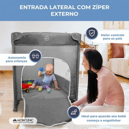 Berço de viagem | Portátil | Dobrável | Resistente | Tecido respirável | Bolsa de transporte | Cinza | Mofli | Mobiclinic