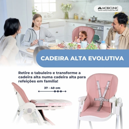 Cadeira alta com rodas | Evolutiva | Regulável em altura | Dobrável | Tabuleiro amovível | Rosa | Simba | Mobiclinic