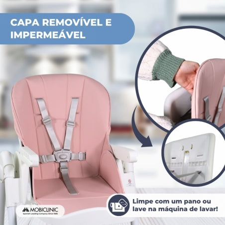 Cadeira alta com rodas | Evolutiva | Regulável em altura | Dobrável | Tabuleiro amovível | Rosa | Simba | Mobiclinic
