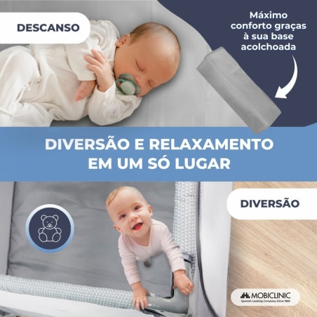 Cercadinho e berço | Dobrável | Portátil | Bolsa de transporte | Rodas com travão | Sleepland | Cinza | Mobiclinic