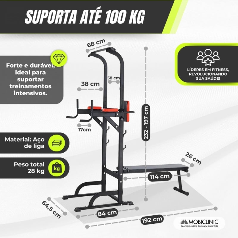 Estação de musculação | 9 em 1 |Capacidade máxima 250kg |Altura ajustável | Antiderrapante| Dobrável | DOMIFIT | Mobiclinic
