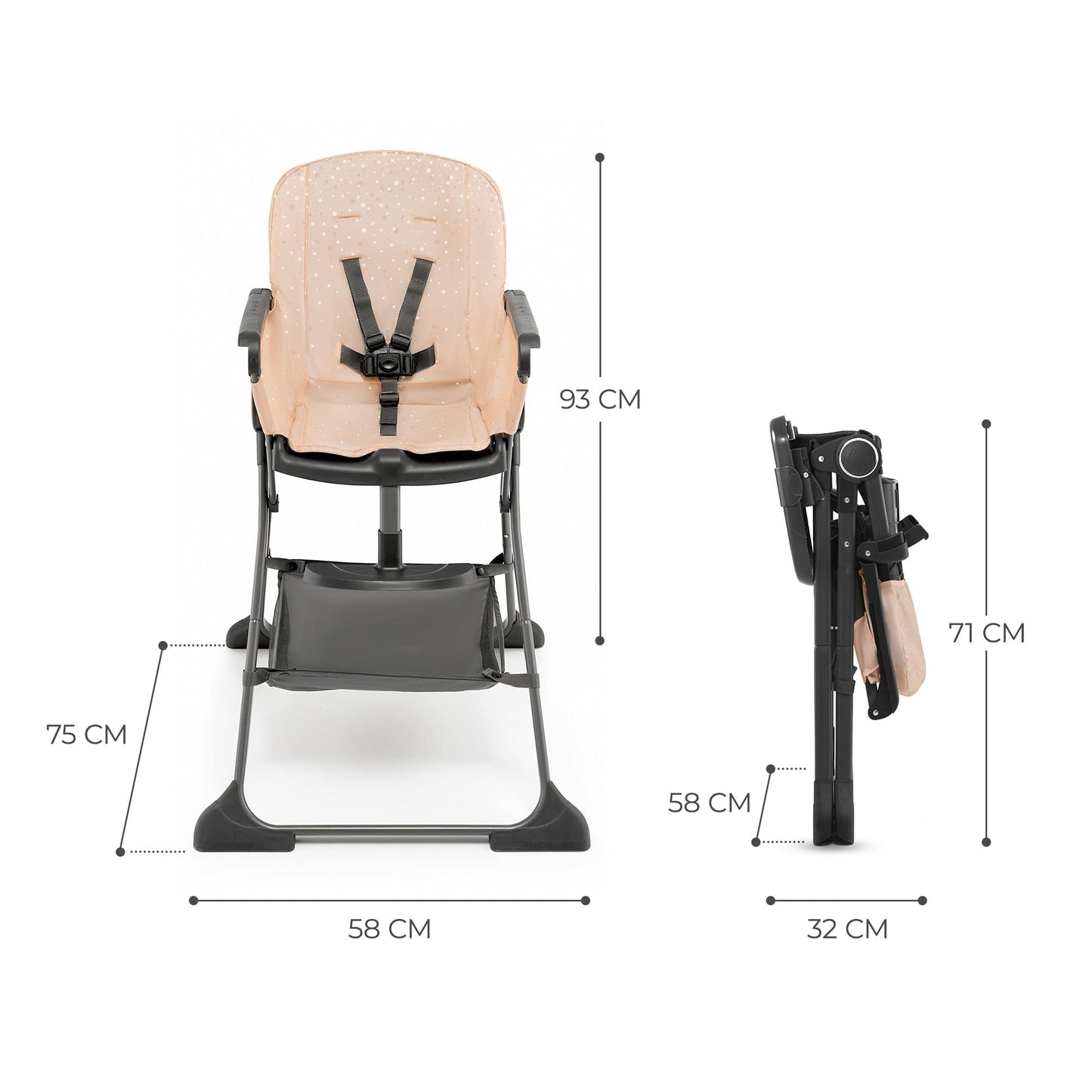 Cadeira alta para bebé, ergonómica, confortável, reclinável, dobrável