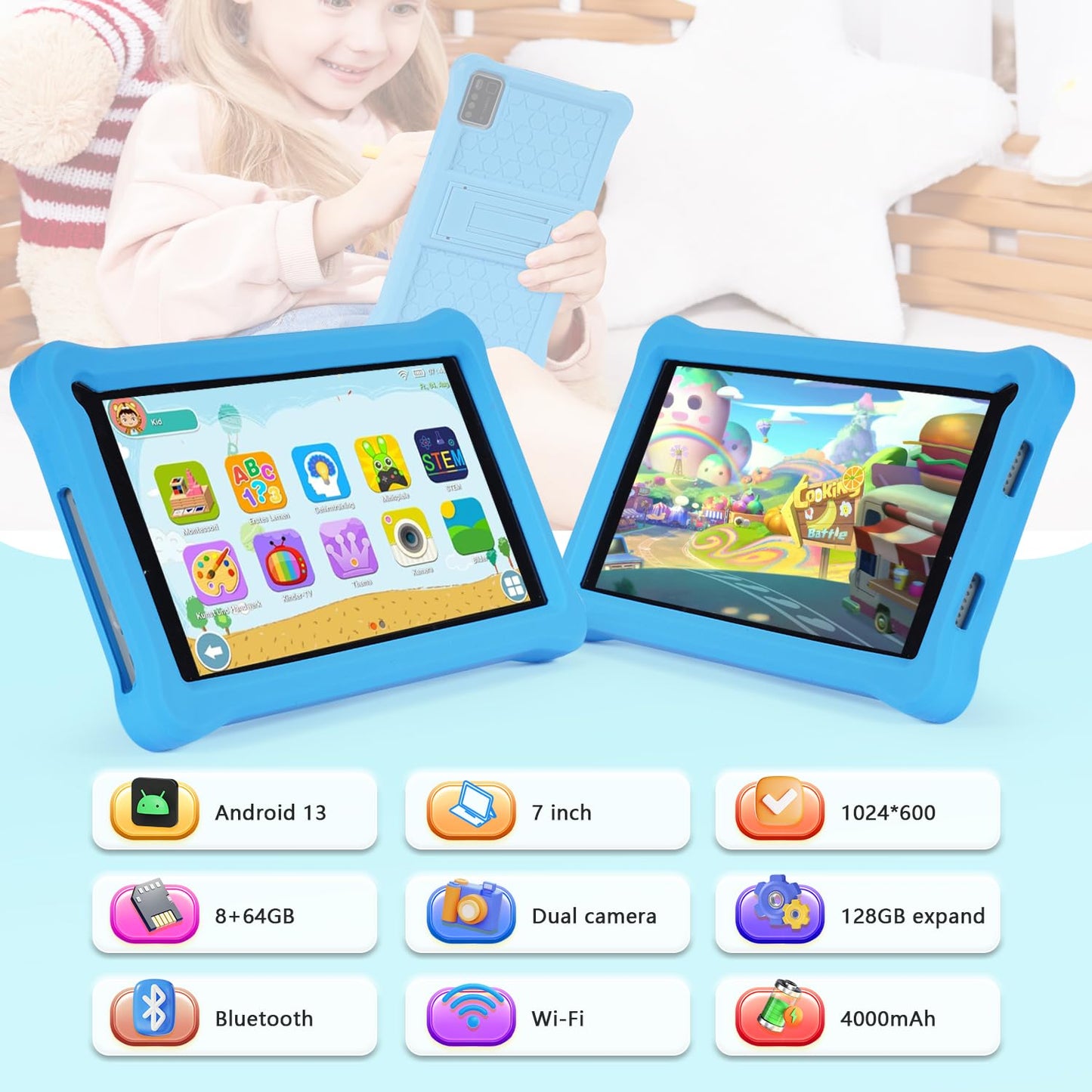 Tablet para crianças de 7 polegadas  RAM 8 GB ROM 64 GB