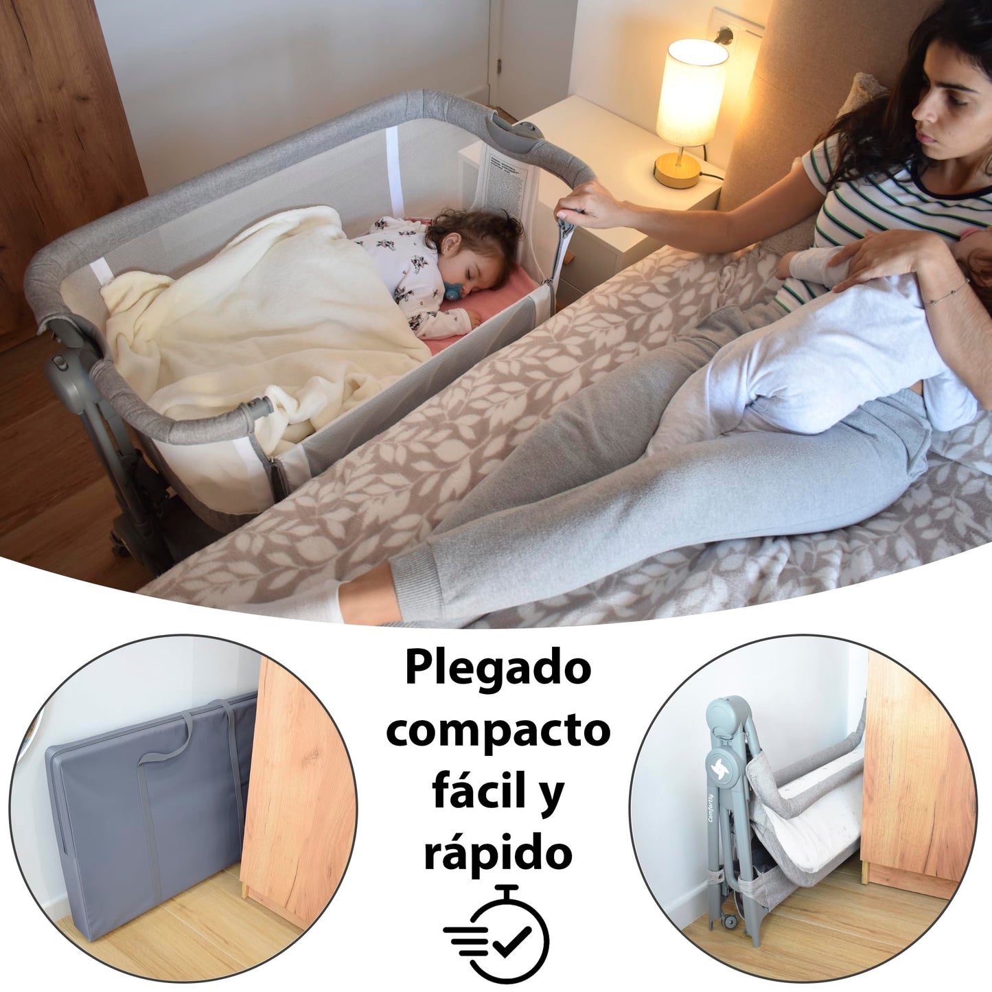 Mini berço com rodas, dobrável rápido, altura ajustável 5 níveis, berço de viagem