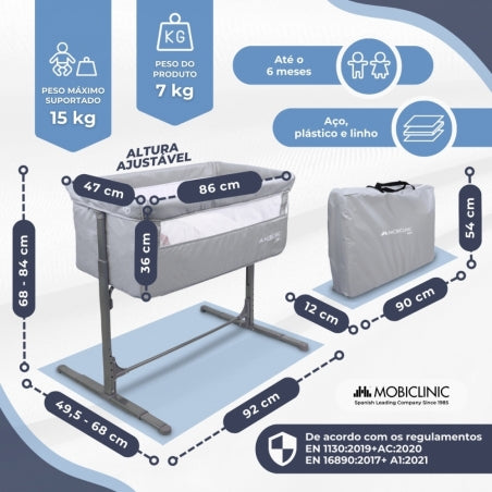 Berço co-leito | Altura ajustável | Abertura lateral | Até 15 kg | Bolsa de transporte | Fácil montagem | Moon | Mobiclinic