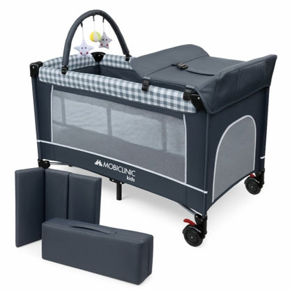 Berço de viagem 3 em 1 | Trocador | Cercadinho | Portátil | Dobrável | Bolsa de transporte | Cinza | Caelum | Mobiclinic