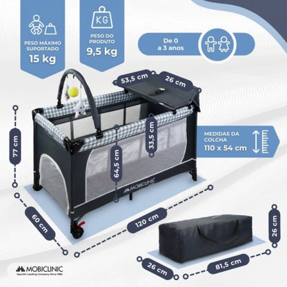 Berço de viagem 3 em 1 | Trocador | Cercadinho | Portátil | Dobrável | Bolsa de transporte | Cinza | Caelum | Mobiclinic