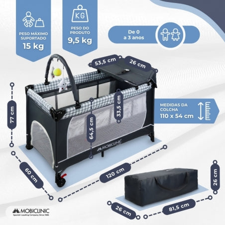 Berço de viagem 3 em 1 | Trocador | Cercadinho | Portátil | Dobrável | Bolsa de transporte | Cinza | Caelum | Mobiclinic