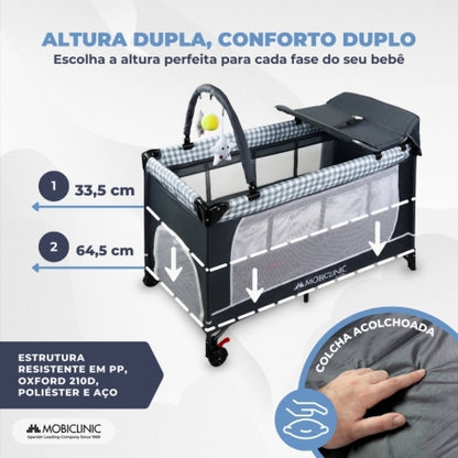 Berço de viagem 3 em 1 | Trocador | Cercadinho | Portátil | Dobrável | Bolsa de transporte | Cinza | Caelum | Mobiclinic