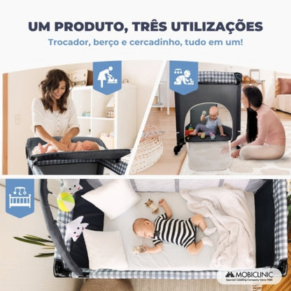 Berço de viagem 3 em 1 | Trocador | Cercadinho | Portátil | Dobrável | Bolsa de transporte | Cinza | Caelum | Mobiclinic
