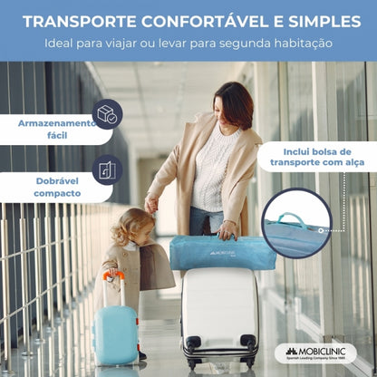 Berço de viagem com rodas | Portátil | Dobrável | Resistente | Tecido respirável | Bolsa de transporte | Azul| Mofli |Mobiclinic
