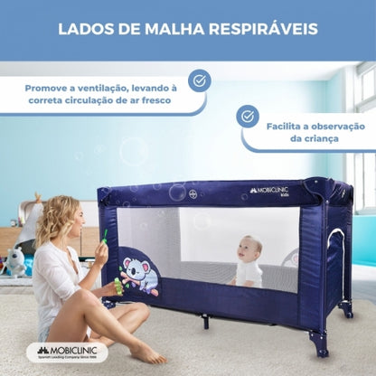 Berço de viagem com rodas |Portátil | Dobrável | Resistente | Tecido respirável | Bolsa de transporte | Azul| Mofli |Mobiclinic
