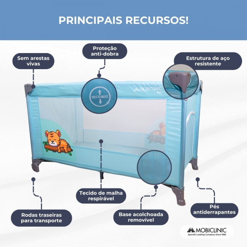 Berço de viagem com rodas | Portátil | Dobrável | Resistente | Tecido respirável | Bolsa de transporte | Azul| Mofli |Mobiclinic