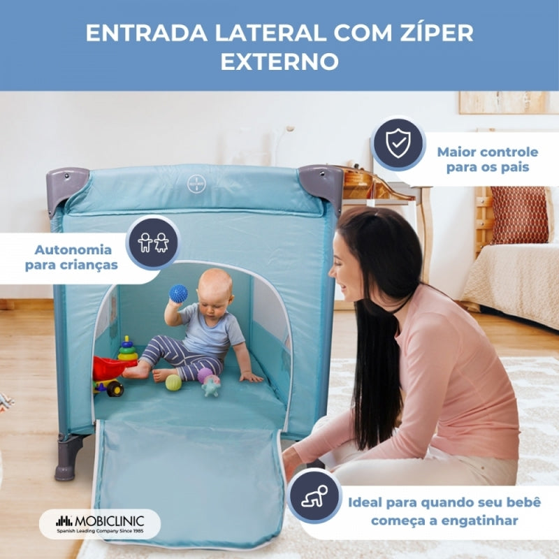Berço de viagem com rodas | Portátil | Dobrável | Resistente | Tecido respirável | Bolsa de transporte | Azul| Mofli |Mobiclinic
