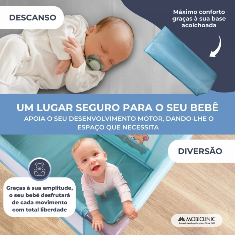 Berço de viagem com rodas | Portátil | Dobrável | Resistente | Tecido respirável | Bolsa de transporte | Azul| Mofli |Mobiclinic