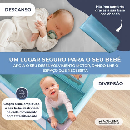 Berço de viagem com rodas | Portátil | Dobrável | Resistente | Tecido respirável | Bolsa de transporte | Azul| Mofli |Mobiclinic