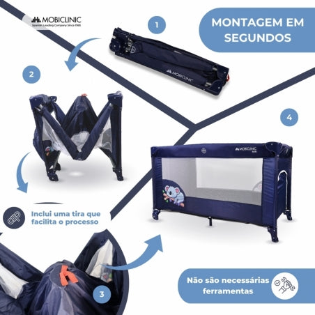 Berço de viagem com rodas |Portátil | Dobrável | Resistente | Tecido respirável | Bolsa de transporte | Azul| Mofli |Mobiclinic
