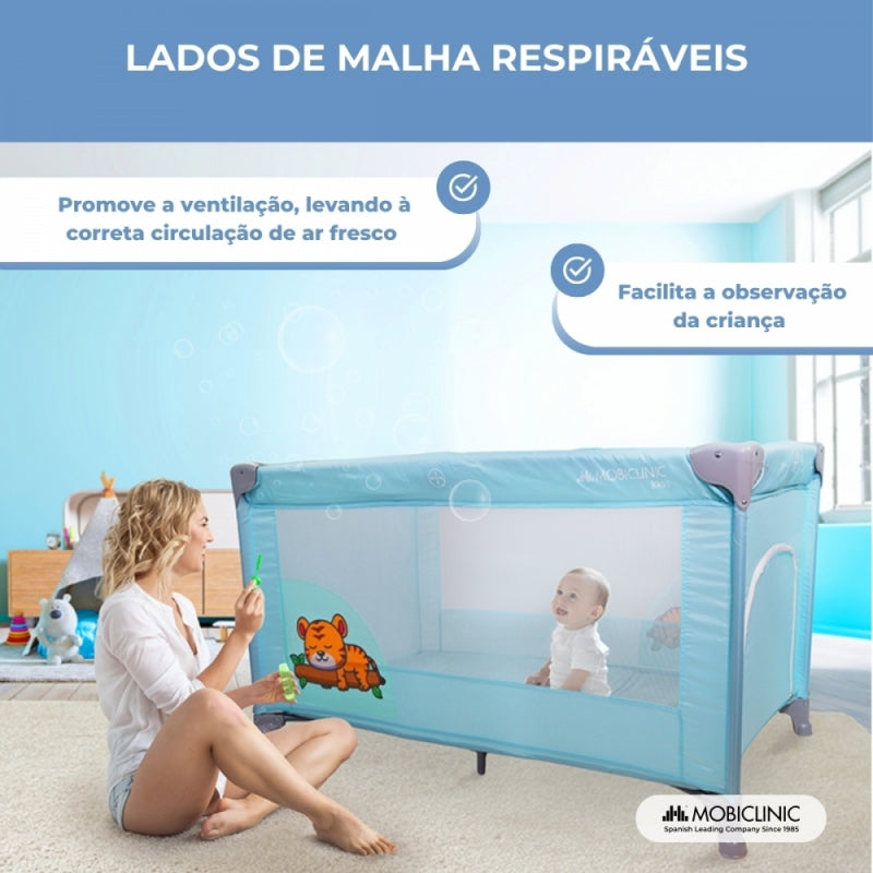 Berço de viagem com rodas | Portátil | Dobrável | Resistente | Tecido respirável | Bolsa de transporte | Azul| Mofli |Mobiclinic