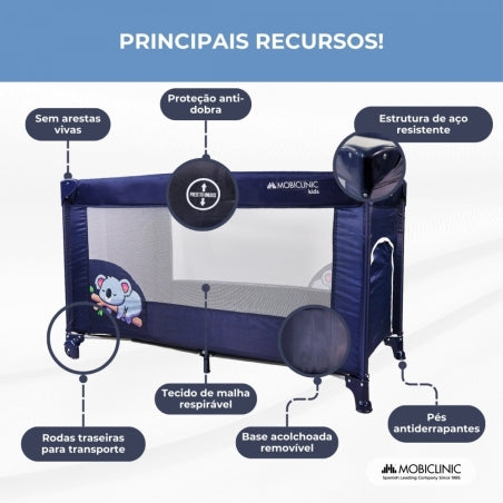 Berço de viagem com rodas |Portátil | Dobrável | Resistente | Tecido respirável | Bolsa de transporte | Azul| Mofli |Mobiclinic