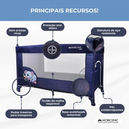 Berço de viagem com rodas |Portátil | Dobrável | Resistente | Tecido respirável | Bolsa de transporte | Azul| Mofli |Mobiclinic
