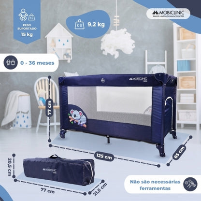Berço de viagem com rodas |Portátil | Dobrável | Resistente | Tecido respirável | Bolsa de transporte | Azul| Mofli |Mobiclinic