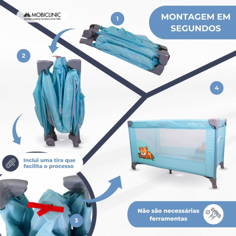 Berço de viagem com rodas | Portátil | Dobrável | Resistente | Tecido respirável | Bolsa de transporte | Azul| Mofli |Mobiclinic