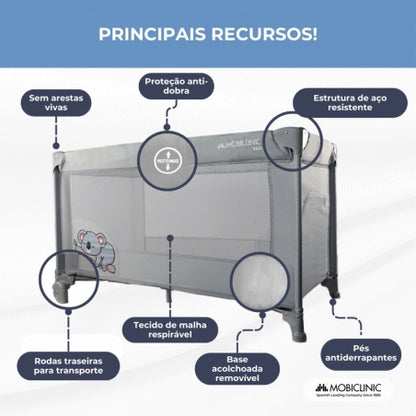 Berço de viagem | Portátil | Dobrável | Resistente | Tecido respirável | Bolsa de transporte | Cinza | Mofli | Mobiclinic