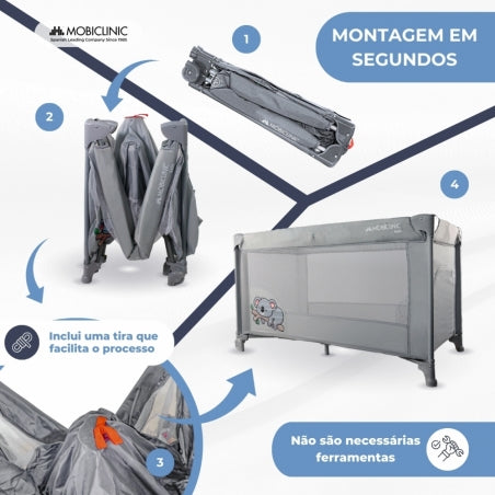 Berço de viagem | Portátil | Dobrável | Resistente | Tecido respirável | Bolsa de transporte | Cinza | Mofli | Mobiclinic