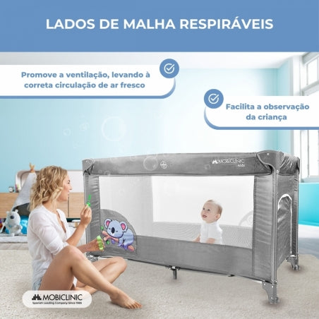 Berço de viagem | Portátil | Dobrável | Resistente | Tecido respirável | Bolsa de transporte | Cinza | Mofli | Mobiclinic