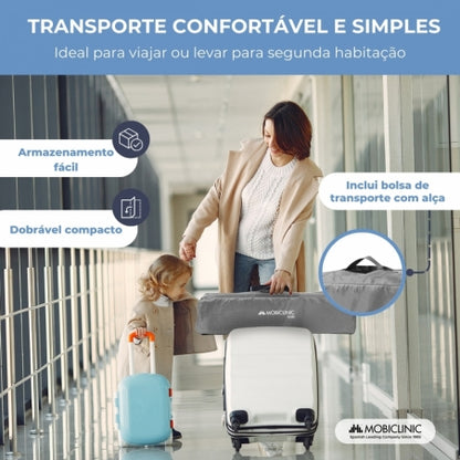 Berço de viagem | Portátil | Dobrável | Resistente | Tecido respirável | Bolsa de transporte | Cinza | Mofli | Mobiclinic