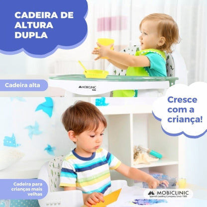 Cadeira alta 2 em 1 |360º |2 alturas ajustáveis | Máx 35kg |Bandeja e armazenamento| Evolutivo| Branco verde |Forest|Mobiclinic