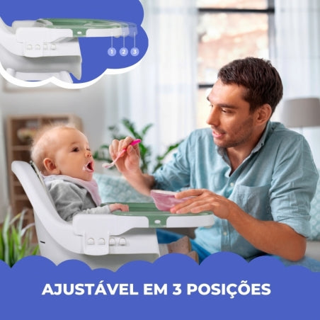 Cadeira alta 2 em 1 |360º |2 alturas ajustáveis | Máx 35kg |Bandeja e armazenamento| Evolutivo| Branco verde |Forest|Mobiclinic