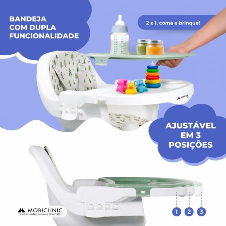 Cadeira alta 2 em 1 |360º |2 alturas ajustáveis | Máx 35kg |Bandeja e armazenamento| Evolutivo| Branco verde |Forest|Mobiclinic
