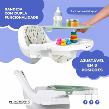 Cadeira alta 2 em 1 |360º |2 alturas ajustáveis | Máx 35kg |Bandeja e armazenamento| Evolutivo| Branco verde |Forest|Mobiclinic