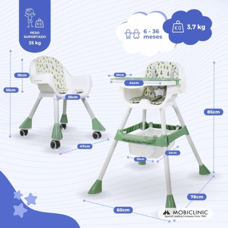 Cadeira alta 2 em 1 |360º |2 alturas ajustáveis | Máx 35kg |Bandeja e armazenamento| Evolutivo| Branco verde |Forest|Mobiclinic