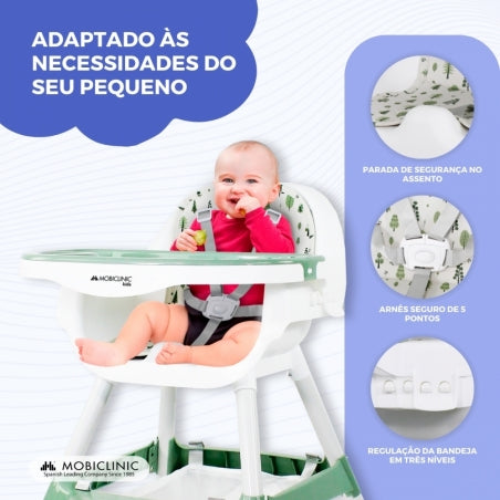 Cadeira alta 2 em 1 |360º |2 alturas ajustáveis | Máx 35kg |Bandeja e armazenamento| Evolutivo| Branco verde |Forest|Mobiclinic