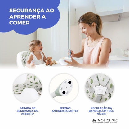 Cadeira alta 2 em 1 |360º |2 alturas ajustáveis | Máx 35kg |Bandeja e armazenamento| Evolutivo| Branco verde |Forest|Mobiclinic