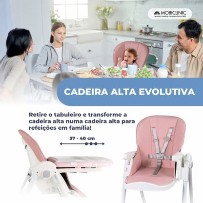 Cadeira alta com rodas | Evolutiva | Regulável em altura | Dobrável | Tabuleiro amovível | Rosa | Simba | Mobiclinic