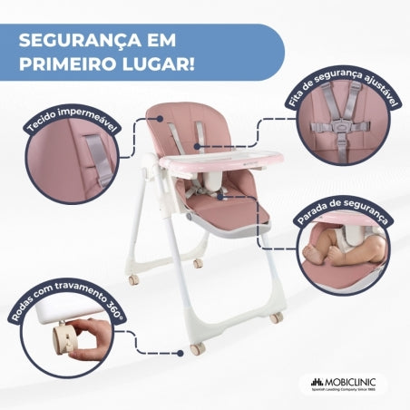 Cadeira alta com rodas | Evolutiva | Regulável em altura | Dobrável | Tabuleiro amovível | Rosa | Simba | Mobiclinic