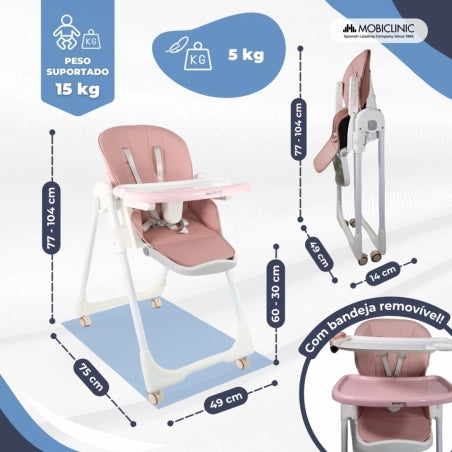 Cadeira alta com rodas | Evolutiva | Regulável em altura | Dobrável | Tabuleiro amovível | Rosa | Simba | Mobiclinic