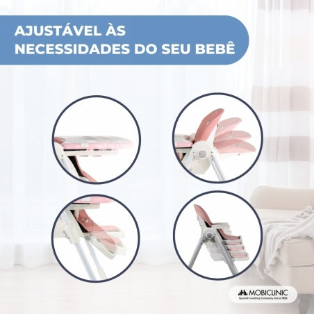 Cadeira alta com rodas | Evolutiva | Regulável em altura | Dobrável | Tabuleiro amovível | Rosa | Simba | Mobiclinic