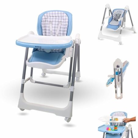 Cadeira alta e baloiço | Dobravel | Rodas e bandeja | Capacidade máx 15kg | 6-36 meses | Ajustável | Azul | Nala | Mobiclinic