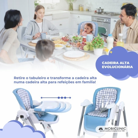 Cadeira alta e baloiço | Dobravel | Rodas e bandeja | Capacidade máx 15kg | 6-36 meses | Ajustável | Azul | Nala | Mobiclinic