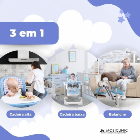 Cadeira alta e baloiço | Dobravel | Rodas e bandeja | Capacidade máx 15kg | 6-36 meses | Ajustável | Azul | Nala | Mobiclinic