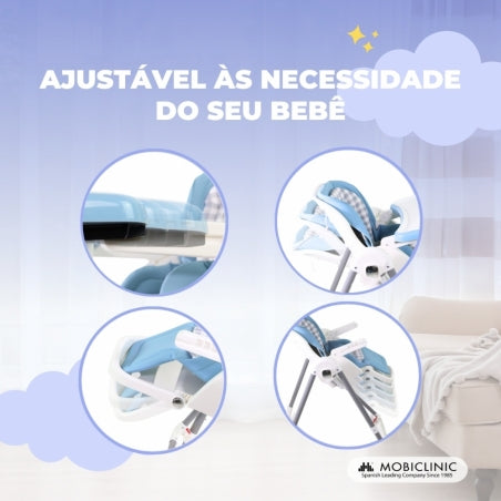 Cadeira alta e baloiço | Dobravel | Rodas e bandeja | Capacidade máx 15kg | 6-36 meses | Ajustável | Azul | Nala | Mobiclinic